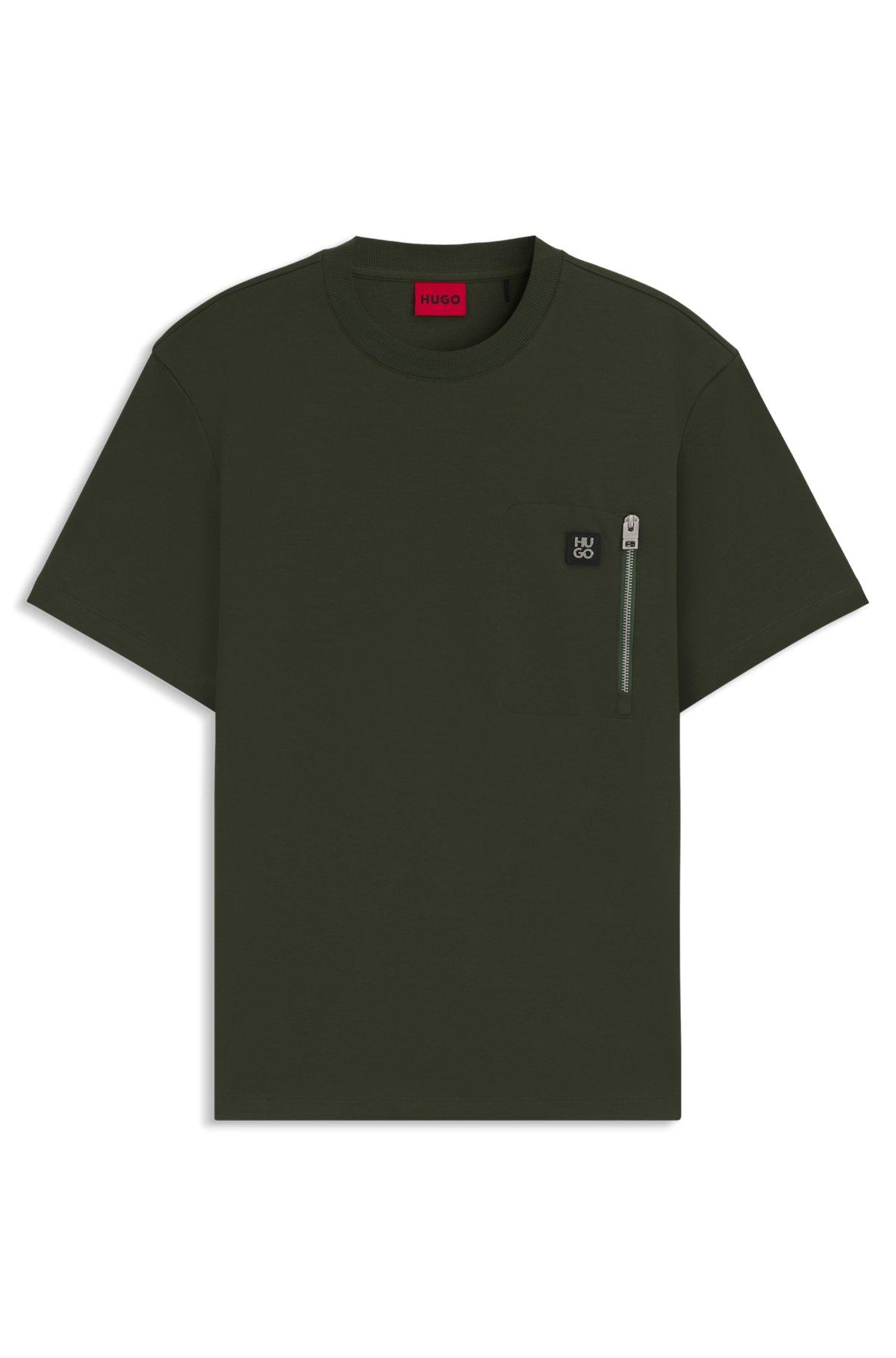 HUGO - Interlock-cotton T-shirt with zip pocket - Dark Green Product Image