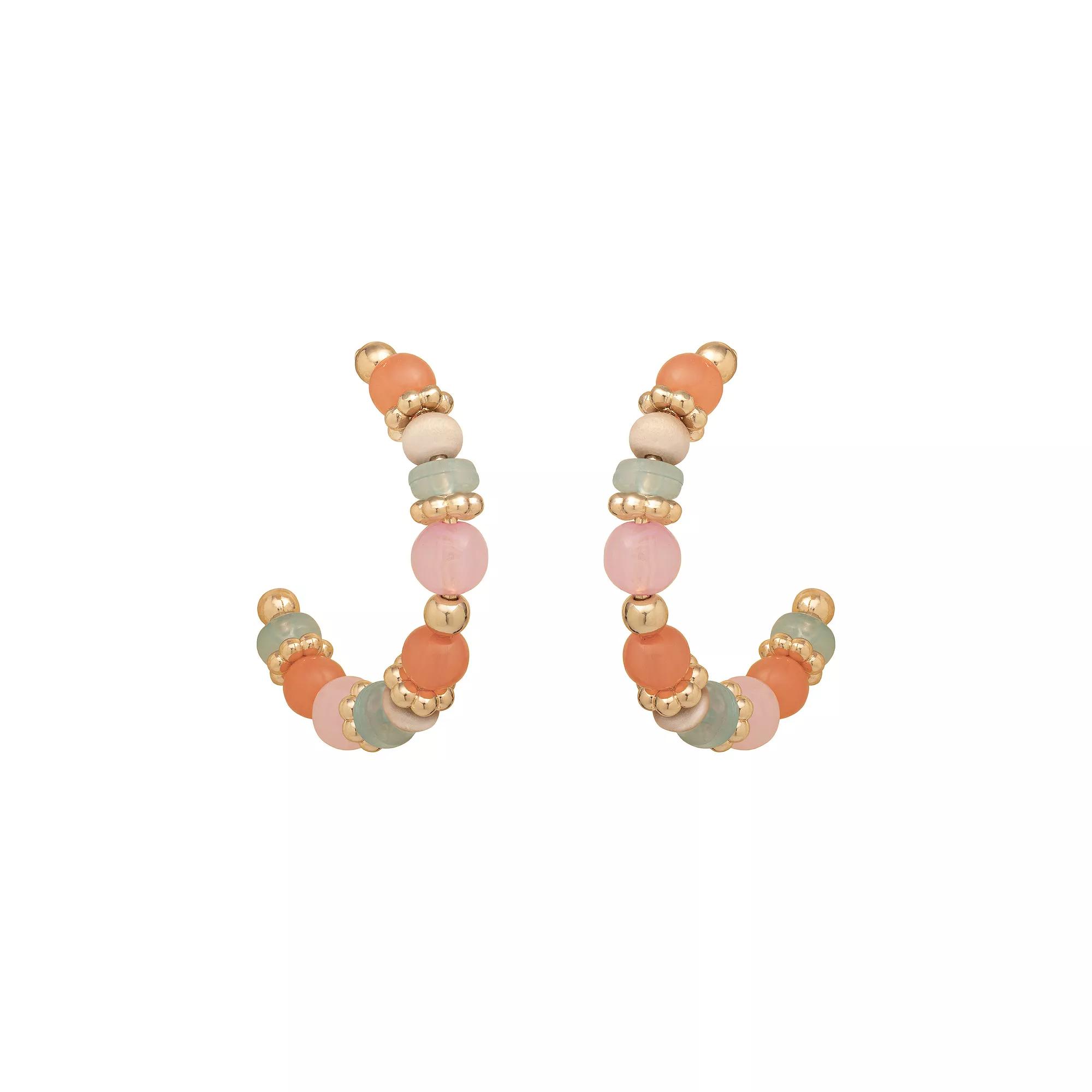 Emberly Gold Tone Wood & Bead Detailed Hoop Earrings, Women's, Multi Product Image