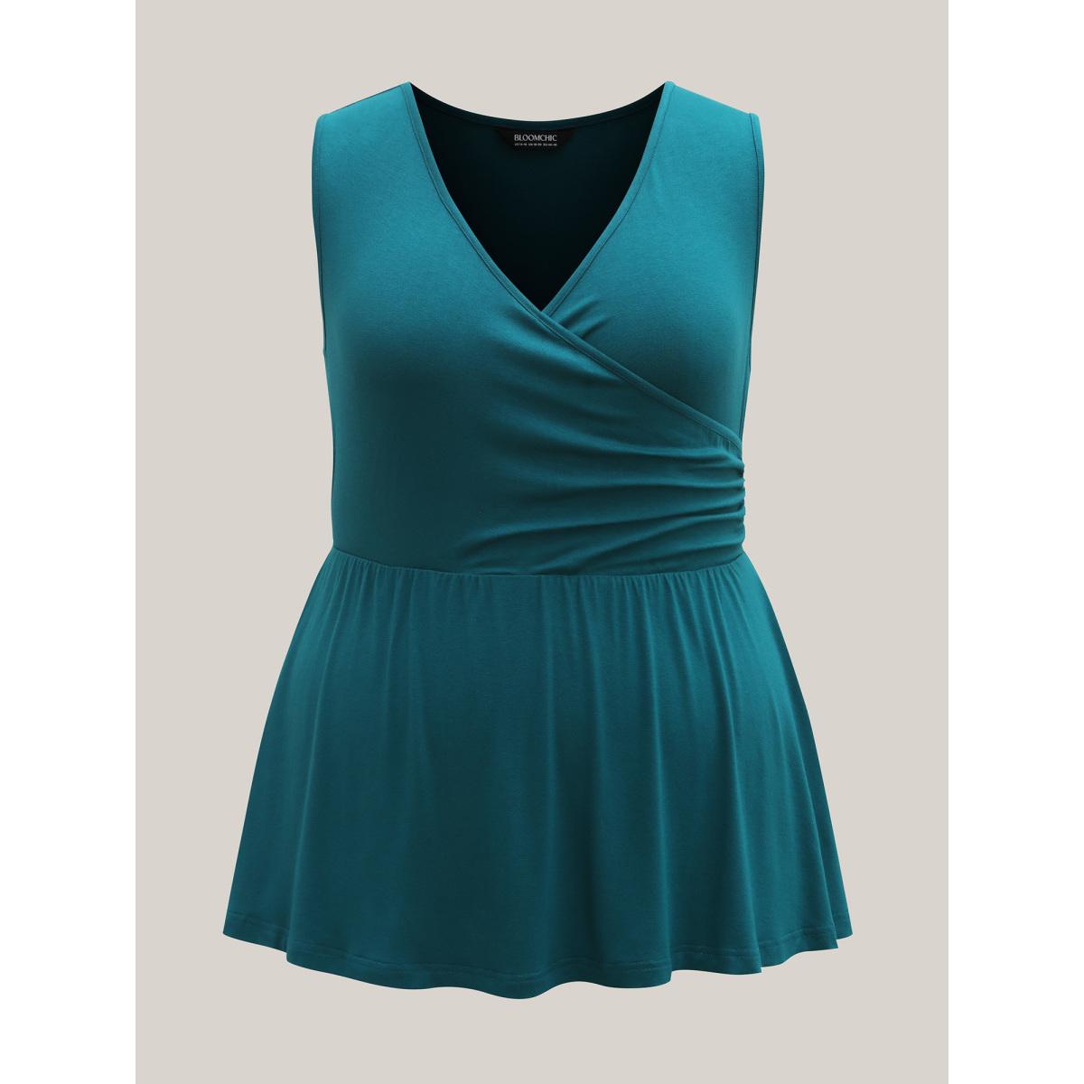 Plus Size Overlap Front Stretchy Gathered Tank Top Women Aegean Overlapping Overlap Collar Everyday-Casual Tank Tops Camis BloomChic 18-20/2X Product Image