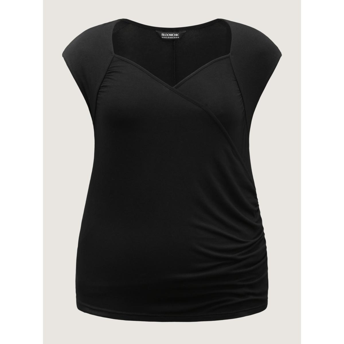 Plus Size Overlap Knit Sweetheart Neck T-Shirt Black Women Timeless Overlap Collar Elegant T-shirts BloomChic 28/5X Product Image