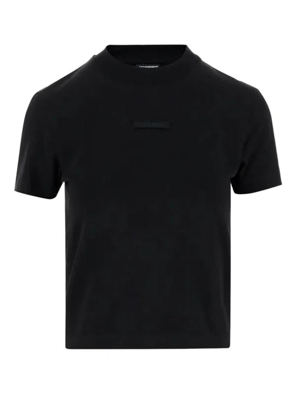 JACQUEMUS Black Fitted T-shirt With Logo Patch In Stretch Cotton Woman Product Image
