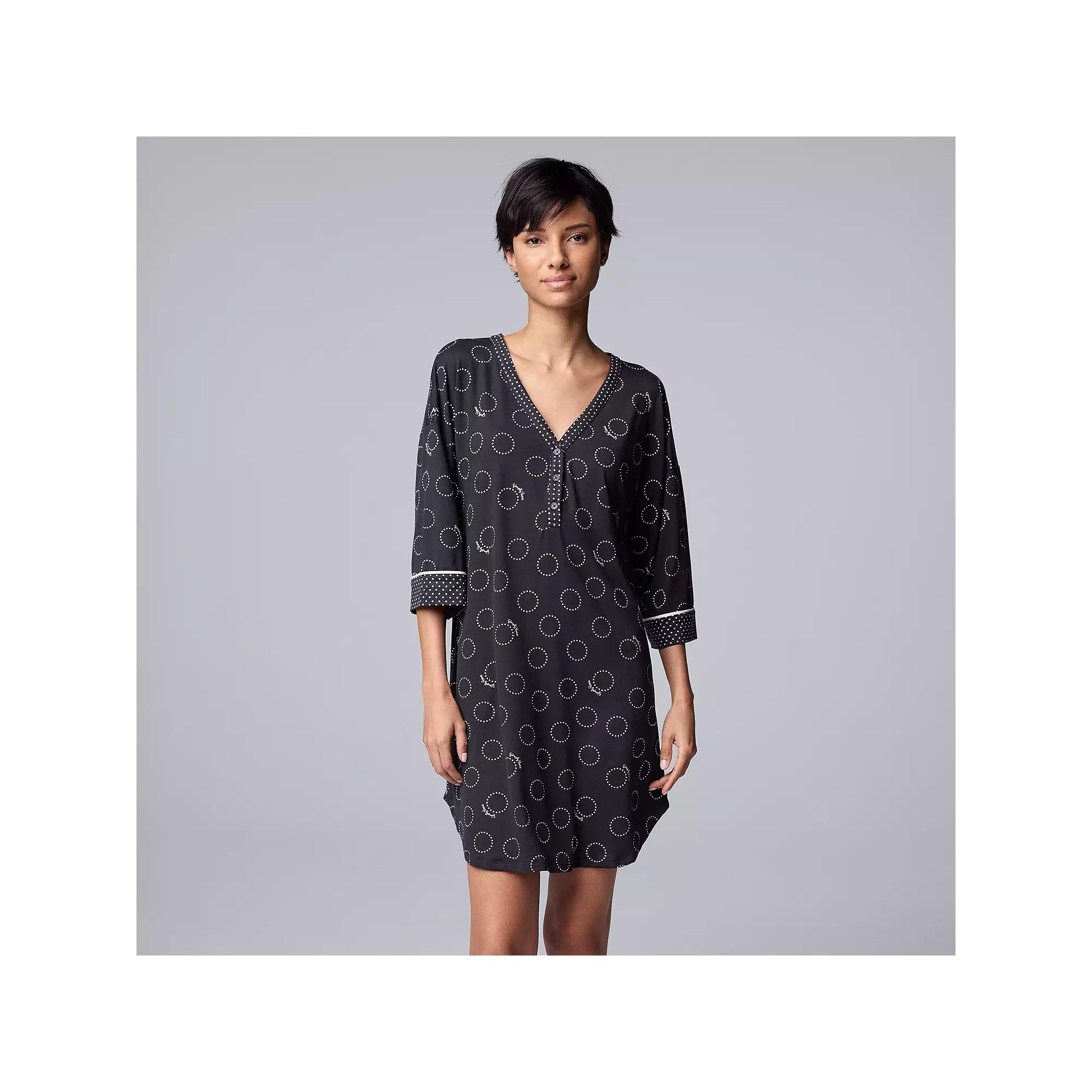 Women's Simply Vera Vera Wang Cozy Elbow Sleeve Henley Sleepshirt, Size: Medium, Black Circles Product Image