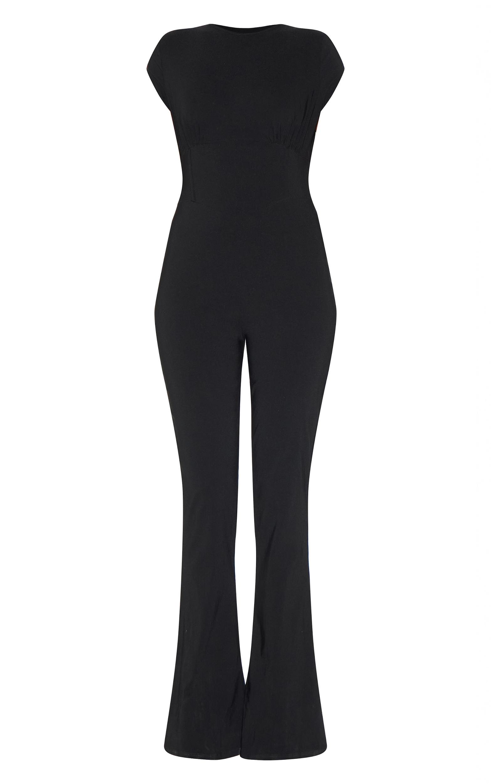 Black Stretch Woven Corset Detail Cap Sleeve Flared Jumpsuit Product Image