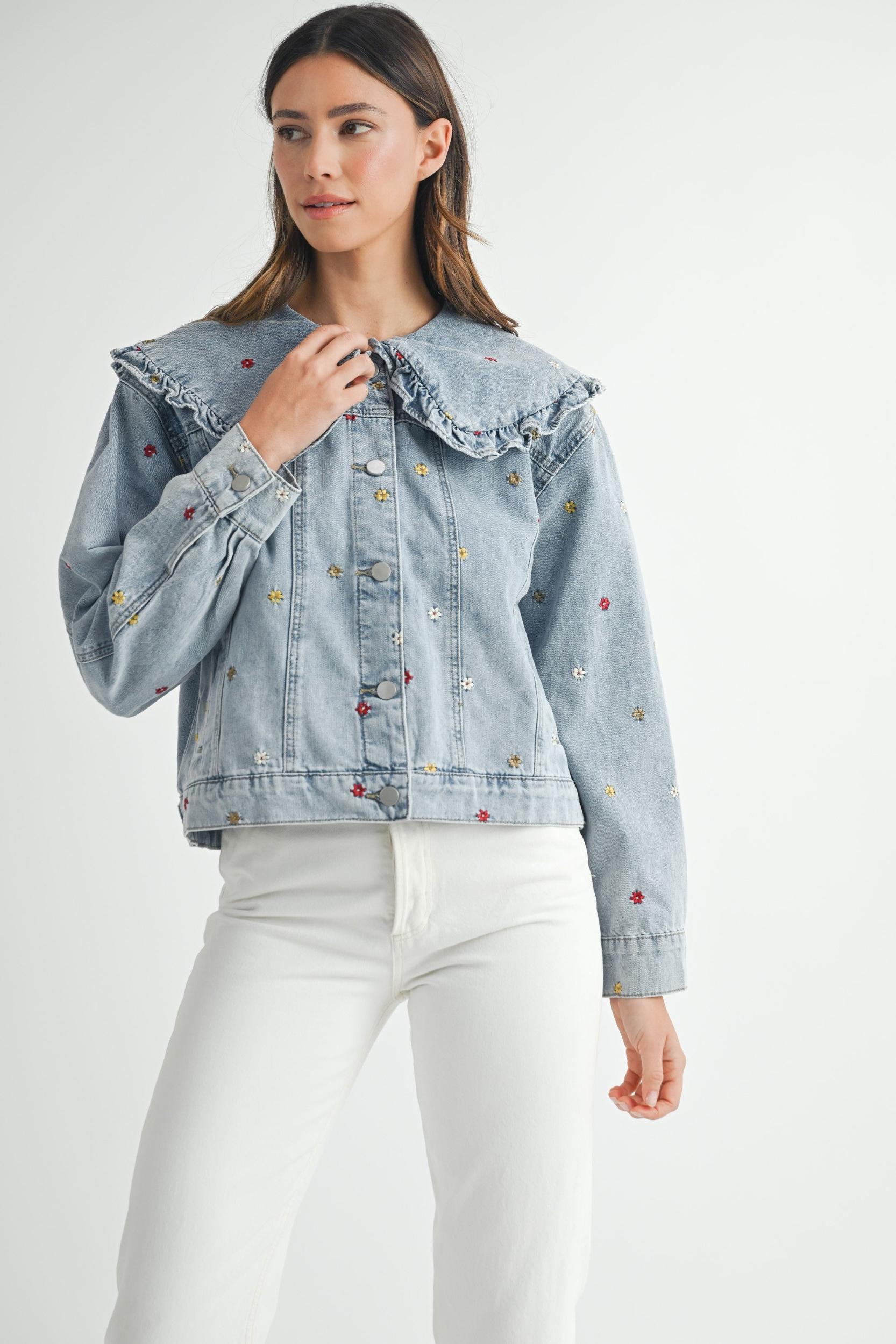 Peter Pan Collar Embroidered Denim Jacket Product Image