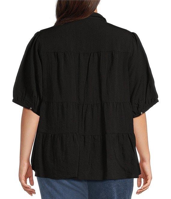 John Mark Plus Size Wire Collar Short Sleeve Tiered Button Front Top Product Image