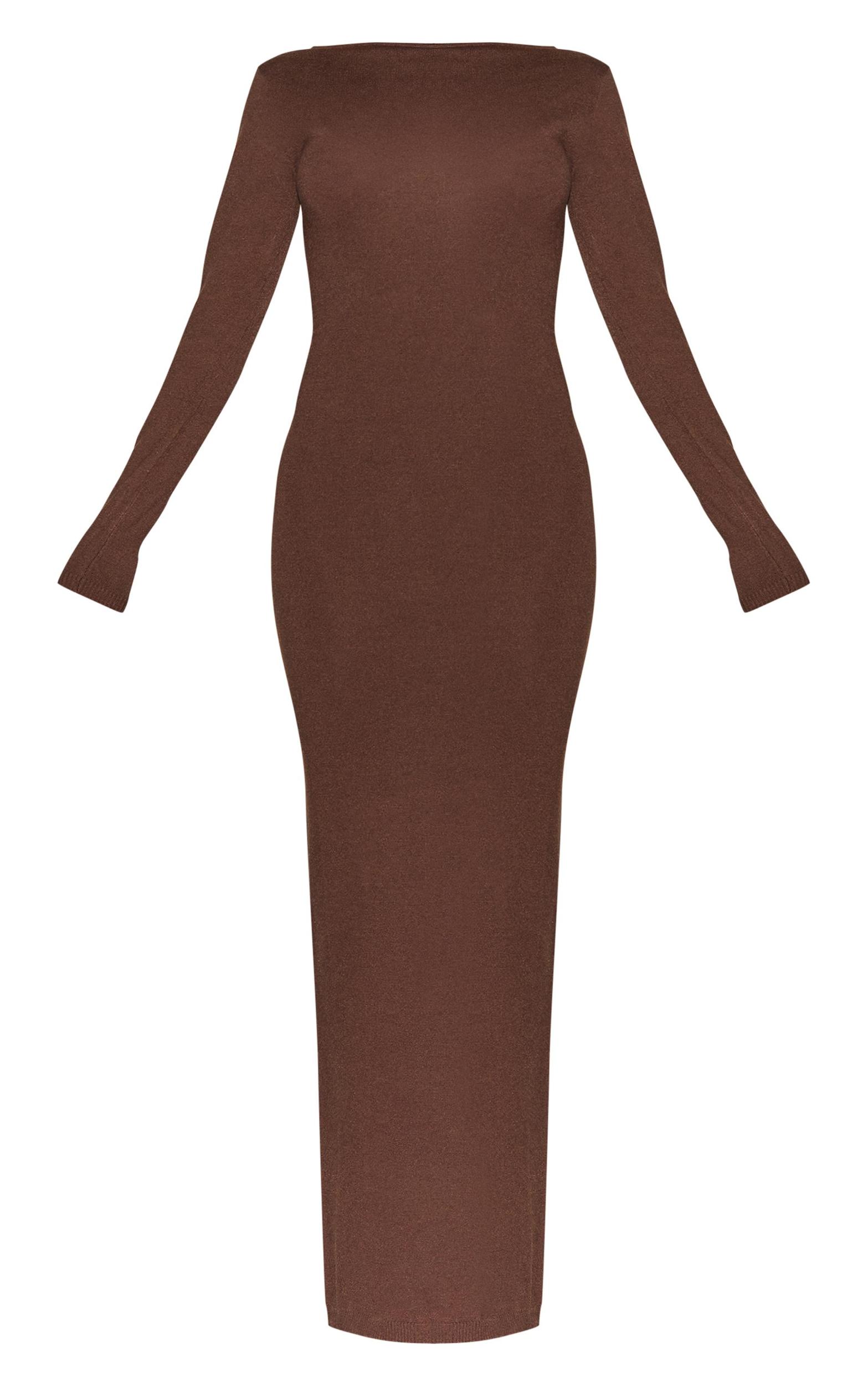 Chocolate Basic Knit Asymmetric Neckline Long Sleeve Maxi Dress Product Image