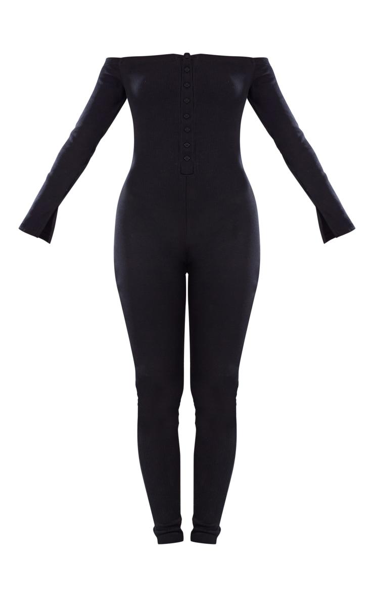 Black Off The Shoulder Button Front Ribbed Jumpsuit Product Image