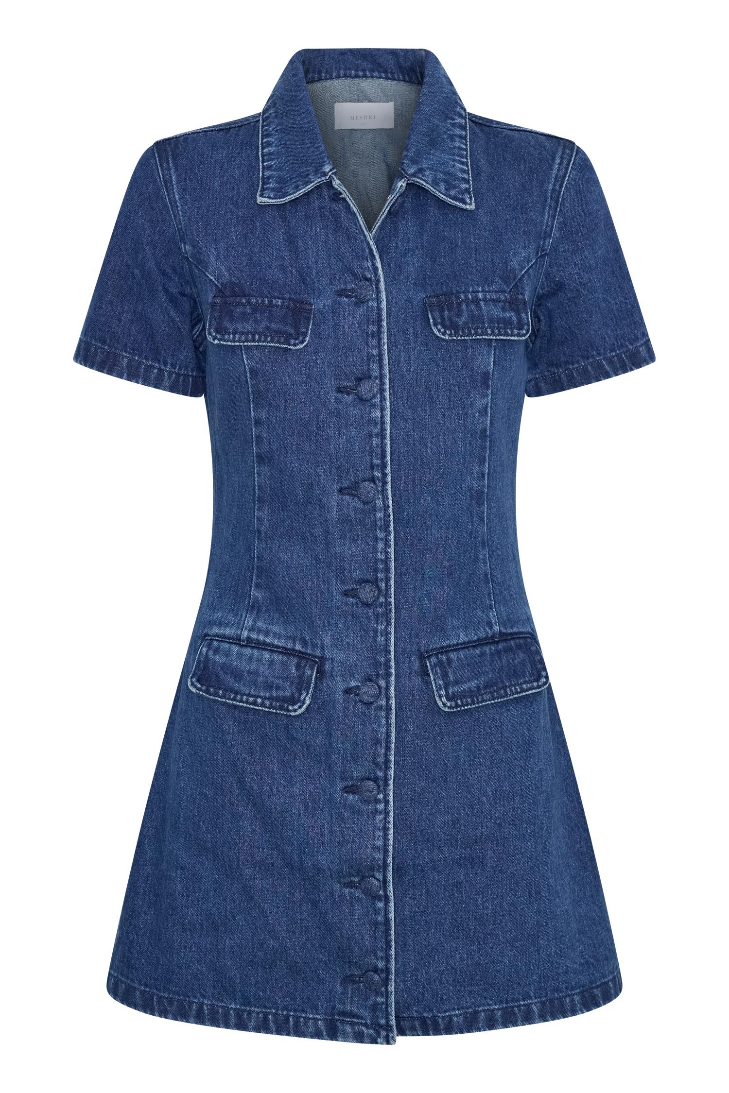 Leighton Denim Button Down Mini Dress - Dark Blue Product Image
