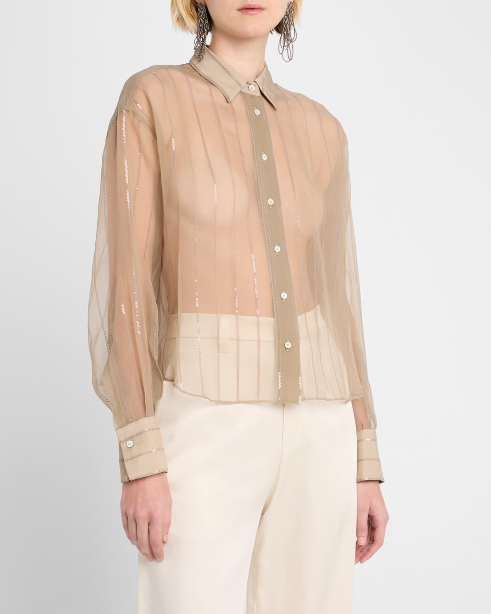 Striped Paillette Crispy Silk Chiffon Button-Down Blouse Product Image