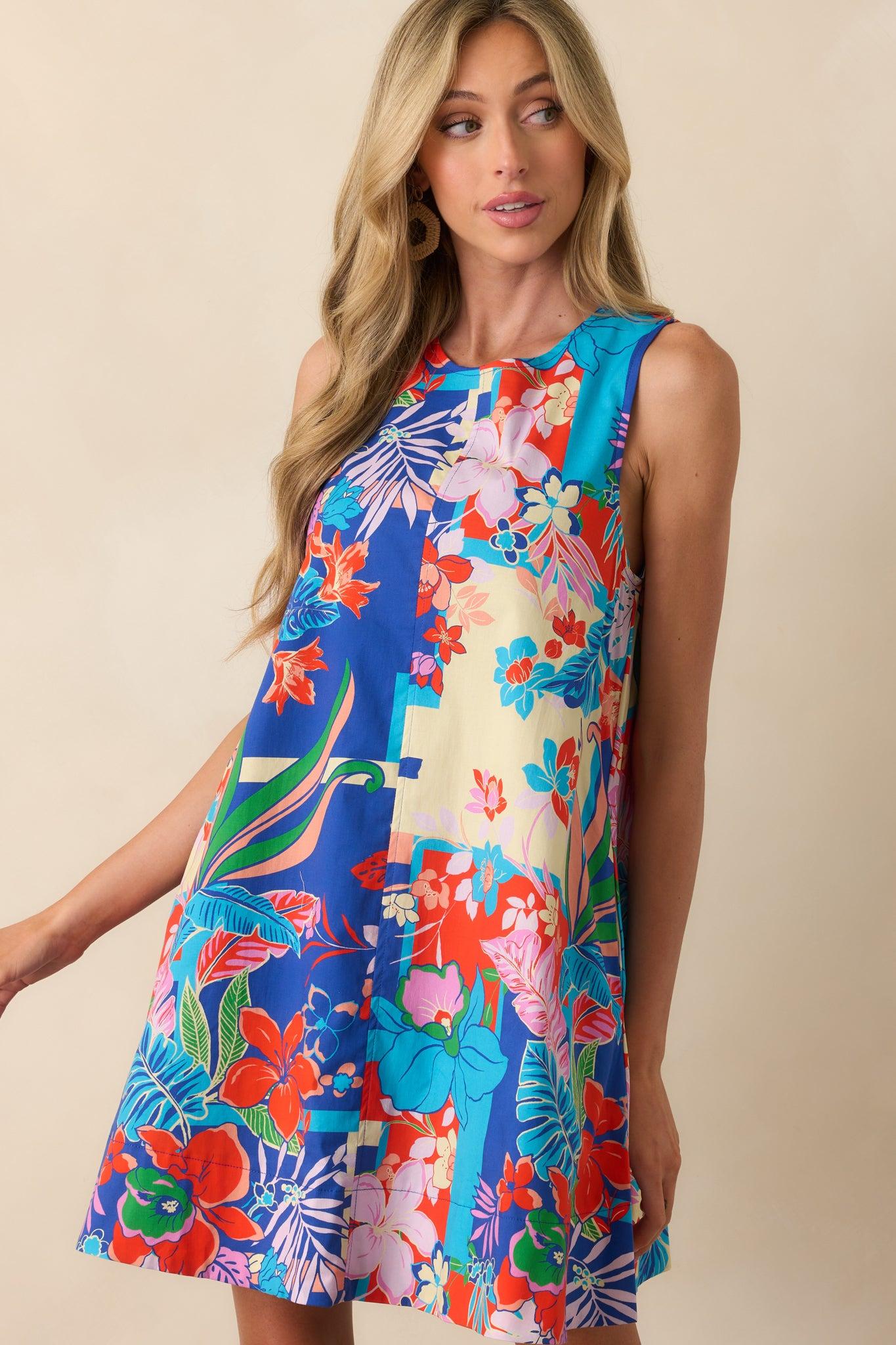 Glow From Within Blue Tropical Floral Cotton Mini Shift Dress Product Image