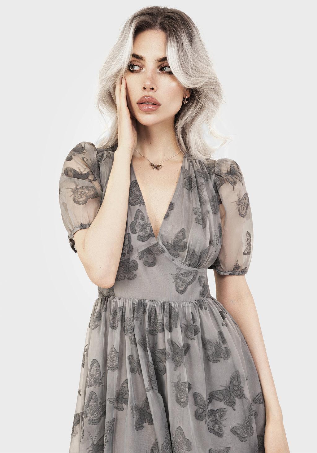 Vanessa Butterfly Print Organza Puff Sleeve Midaxi Dress Product Image