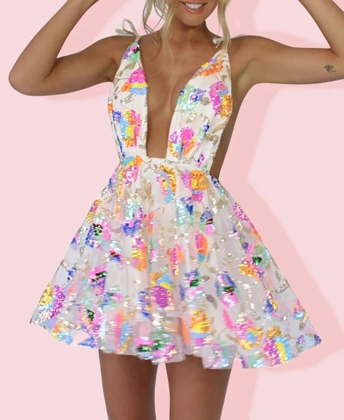 Spaghetti-Strap V-Neck Sequin Mini A-Line Dress Product Image