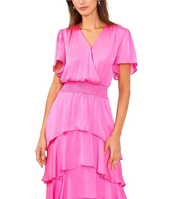 Vince Camuto Surplice V-Neck Short Flutter Sleeve Smocked Waist A-Line Tiered Midi Dress Product Image