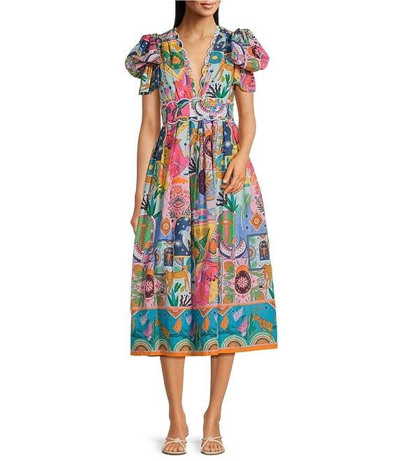 J.Marie Sloane Abstract Print V-Neck Short Sleeve Bow Midi A-Line Dress Product Image