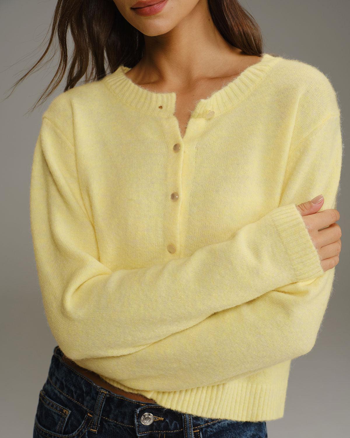 Yellow Round Neck Knit Cardigan Product Image