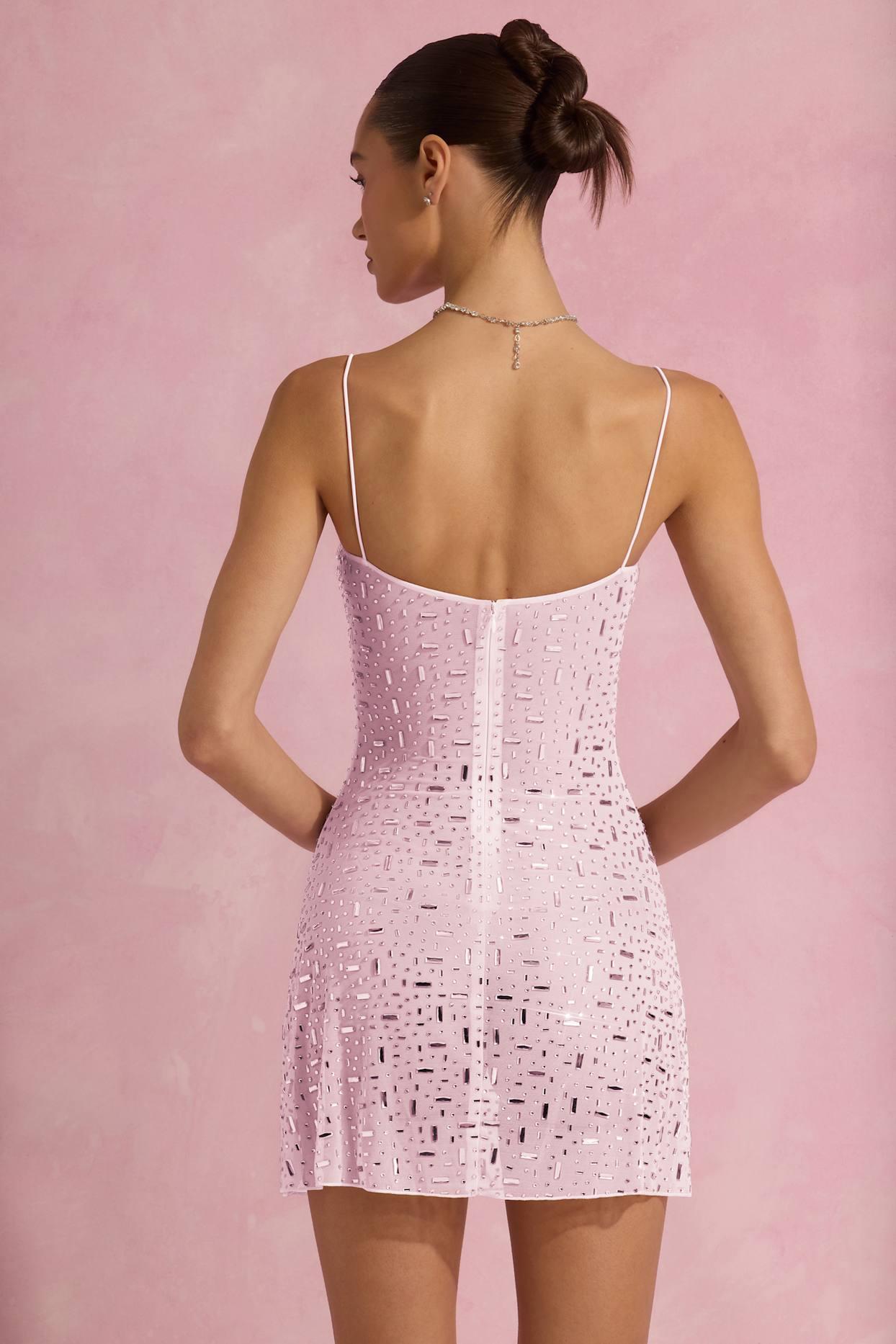 Sheer Embellished Square-Neck Mini Dress in Pink Product Image