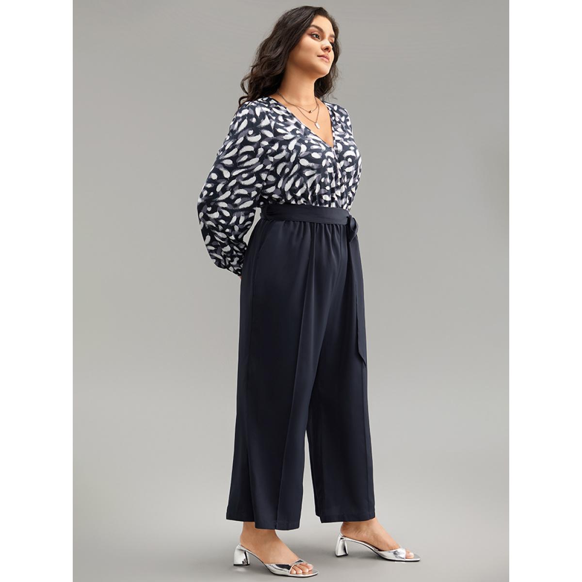 Plus Size Indigo Brush Print Patchwork Wrap Belted Jumpsuit Women Office Long Sleeve V-neck Festival-Christmas Loose Jumpsuits BloomChic 18-20/2X Product Image
