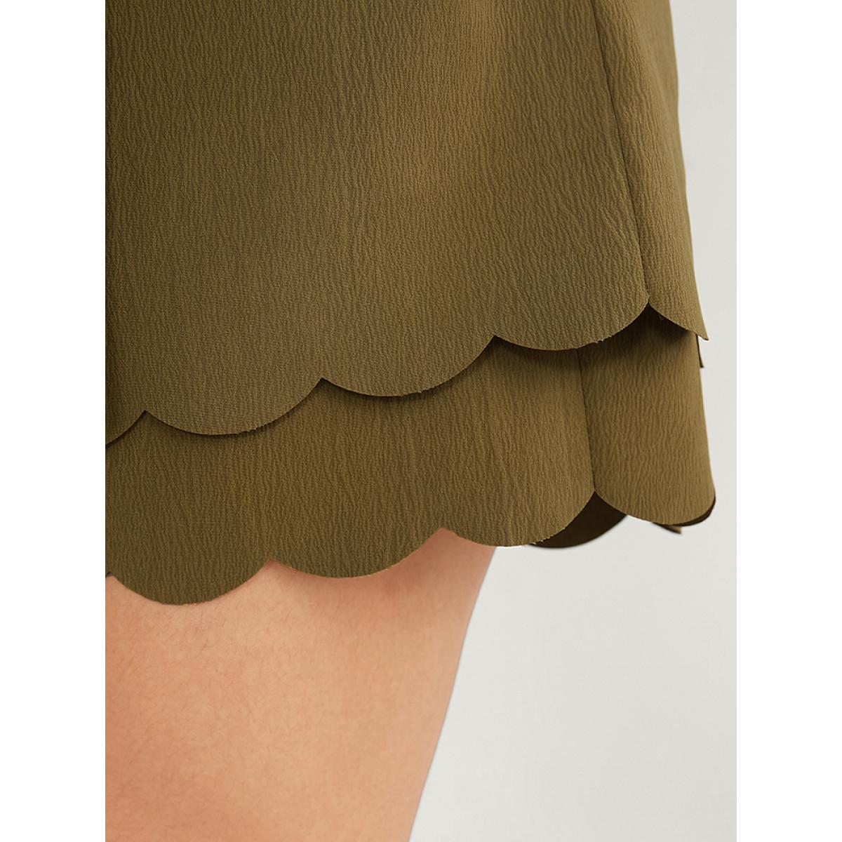Plus Size Solid Belted Pocket Scalloped Trim Tiered Shorts Women ArmyGreen Casual Dailywear Shorts BloomChic 22-24/3X Product Image
