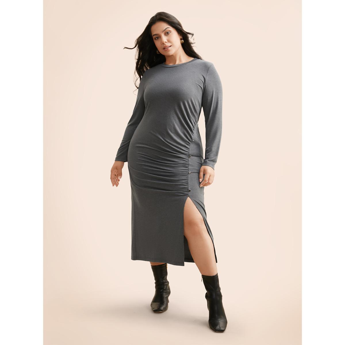 Plus Size Solid Ruched Split Hem Dress DimGray Women Elegant Gathered Round Neck Long Sleeve Curvy BloomChic 26/4X Product Image