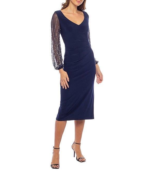 Marina V-Neck Long Beaded Sleeves Side Ruched Midi Sheath Dress Product Image