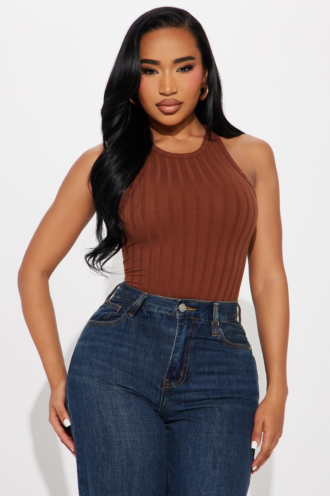 Chloe Ribbed Crew Neck Bodysuit - Chocolate Product Image