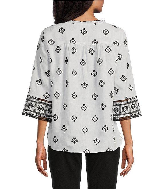John Mark Allover Embroidered Split V-Neck 3/4 Sleeve Tassel Tie Tunic Product Image