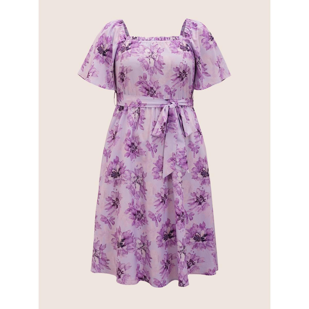 Plus Size Floral Print Square Neck Frill Trim Midi Dress Lavender Women Elegant Frill Trim Square Neck Short sleeve Curvy BloomChic 14-16/1X Product Image