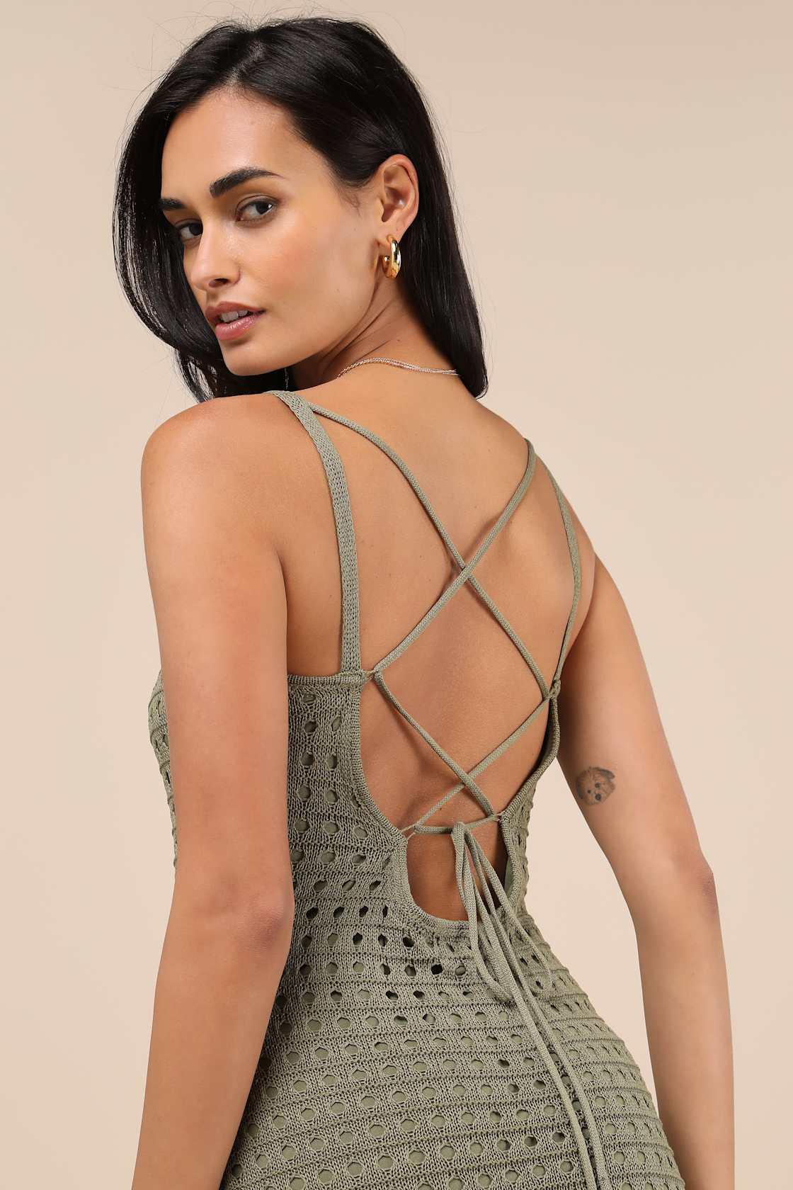Ventura Vision Olive Green Crochet Lace-Up Midi Dress Product Image