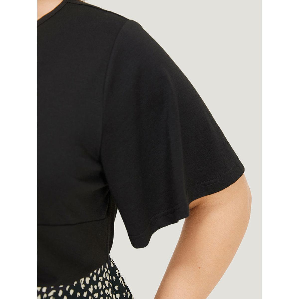 Plus Size Black Leopard Patchwork Twist Ruffle Sleeve Blouse Women Elegant Short sleeve V-neck Dailywear Blouses BloomChic 26/4X Product Image