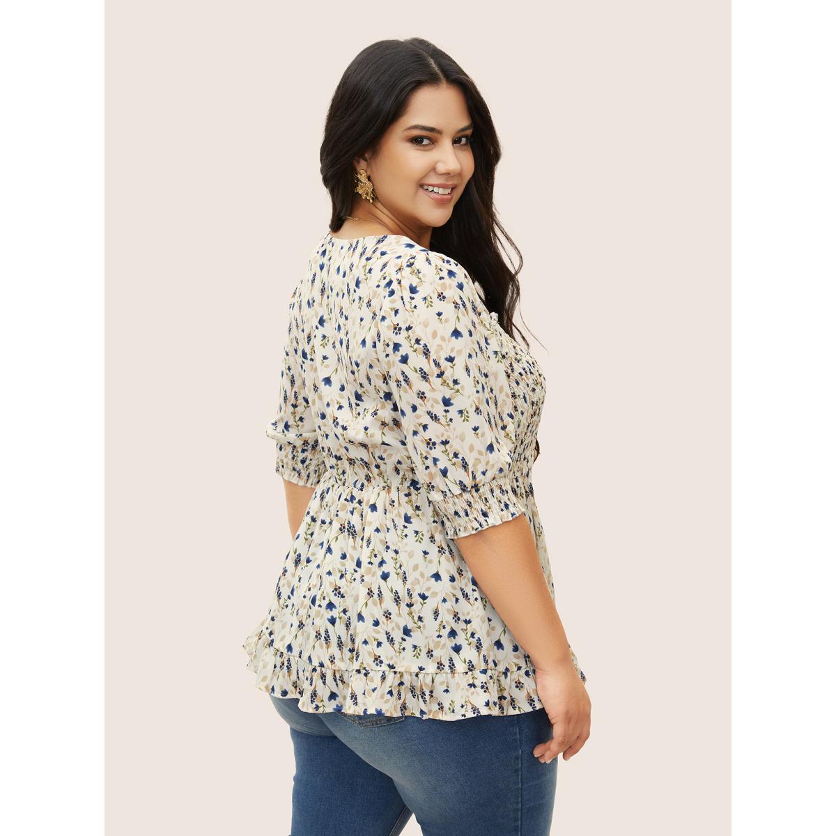 Plus Size Ivory Ditsy Floral Ruffles Shirred Puff Sleeve Blouse Women Elegant Half Sleeve Square Neck Everyday Blouses BloomChic 18-20/2X Product Image