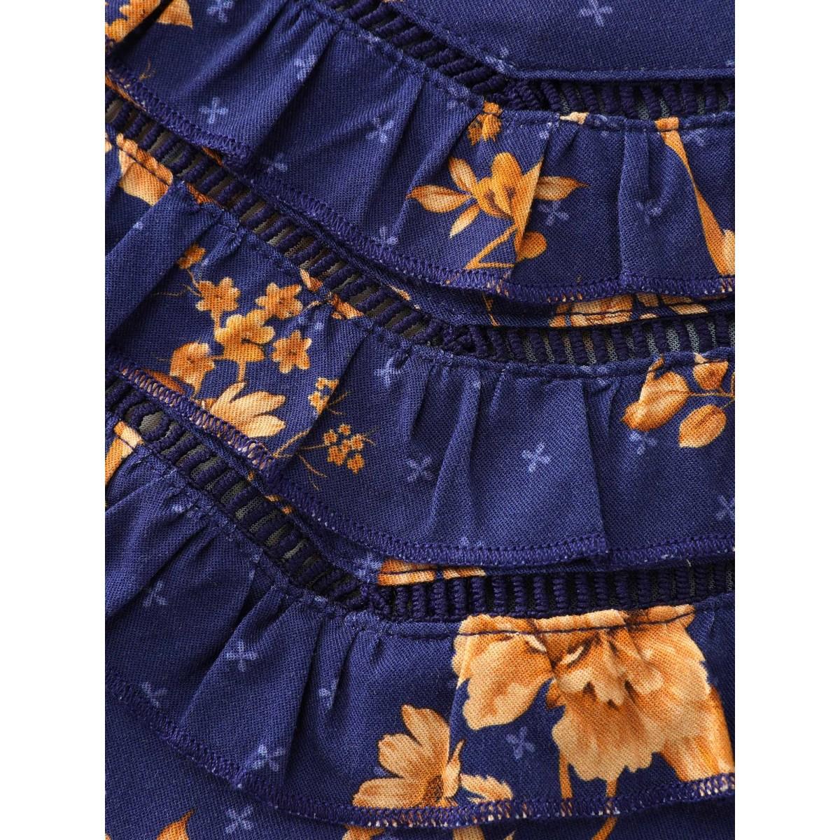 Plus Size Indigo Floral Layered Ruffled Neckline Blouse Women Romantic Long Sleeve Stand-up collar Elegant Blouses BloomChic 22-24/3X Product Image