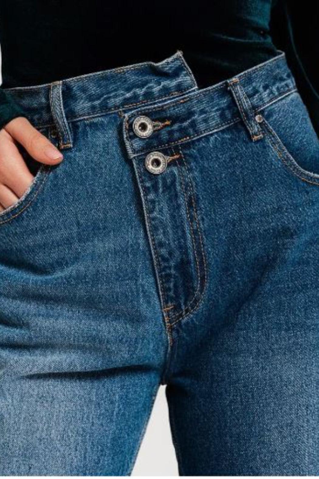 Asymmetric Button Waist Jeans Product Image