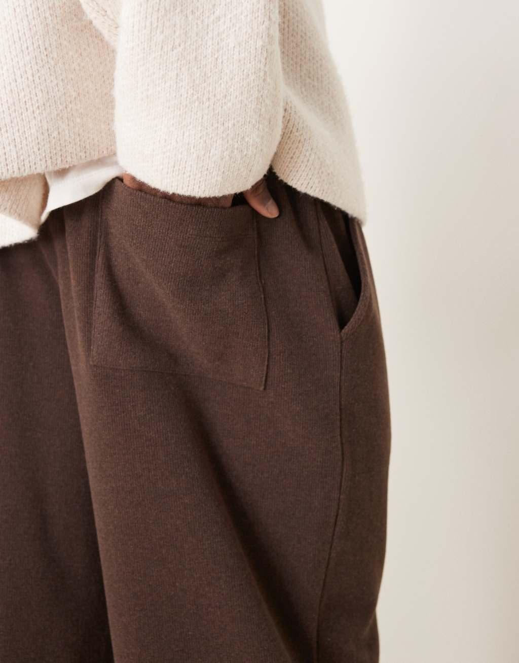 ASOS DESIGN baggy smart sweatpants with brushed rib texture in brown Product Image