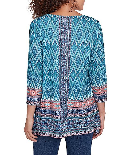 Ruby Rd. Knit Mix Pattern Embellished Scoop Neck 3/4 Sleeve Shark-Bite Hem Top Product Image