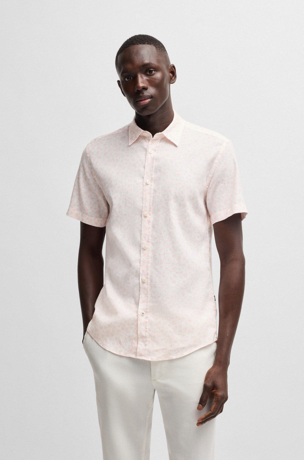 BOSS - Slim-fit shirt in floral-print stretch linen - light pink Product Image