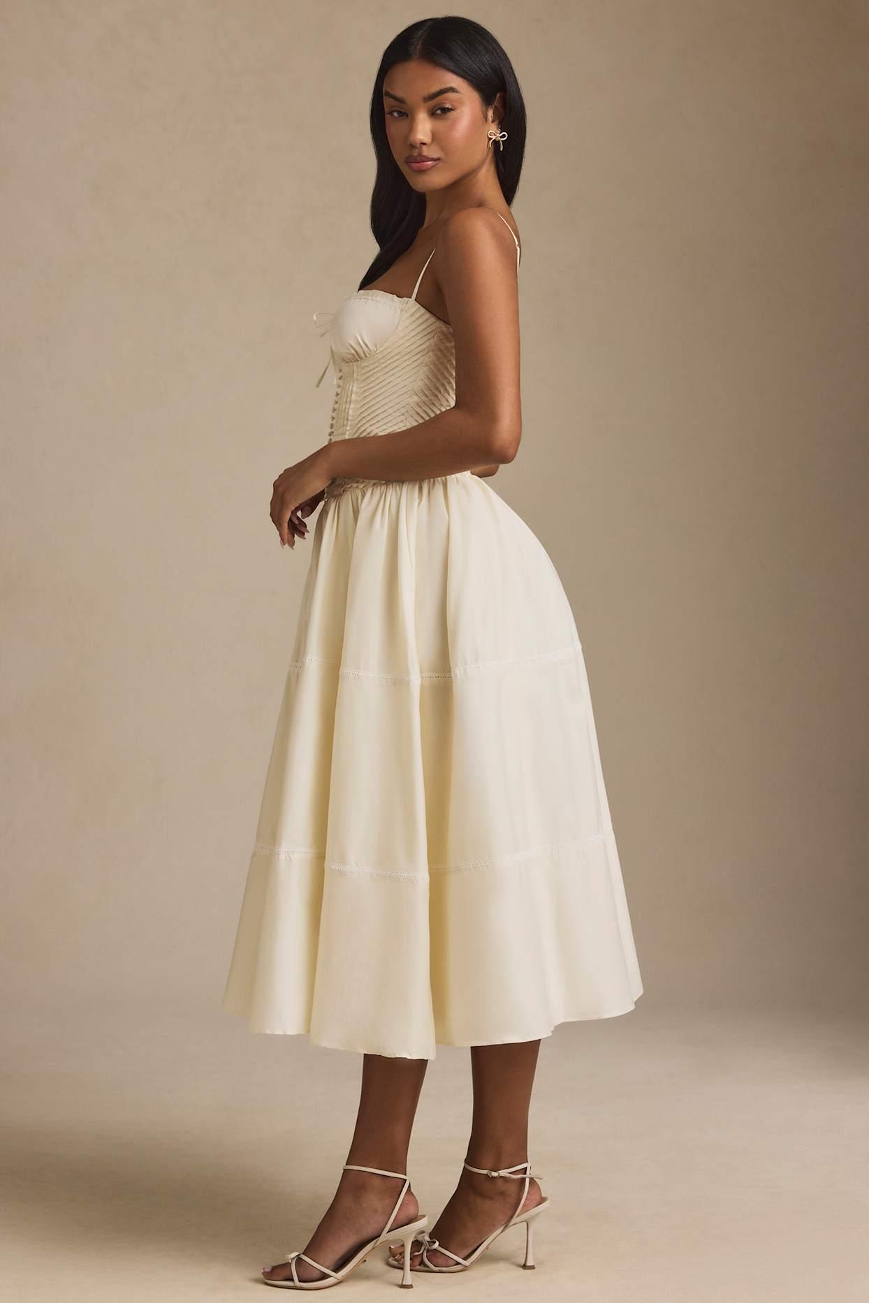 Lace-Trim Pintucked Poplin Midaxi Dress in Ivory Product Image