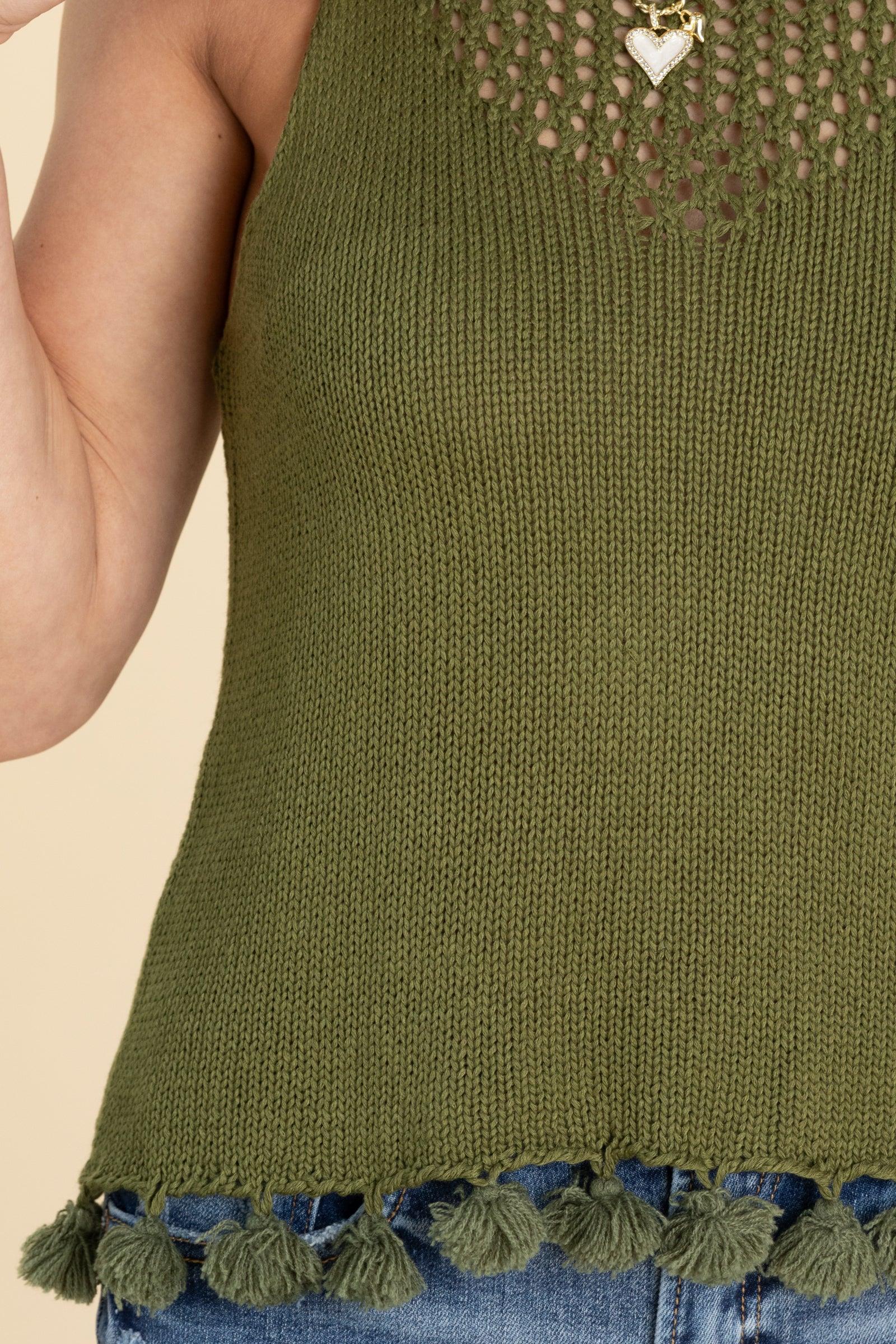 Olive Sweater Knit Tank With Tassel Trim Product Image