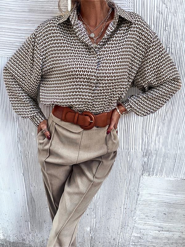 Long Sleeves Loose Buttoned Pleated Printed Lapel Blouses&Shirts Tops Product Image