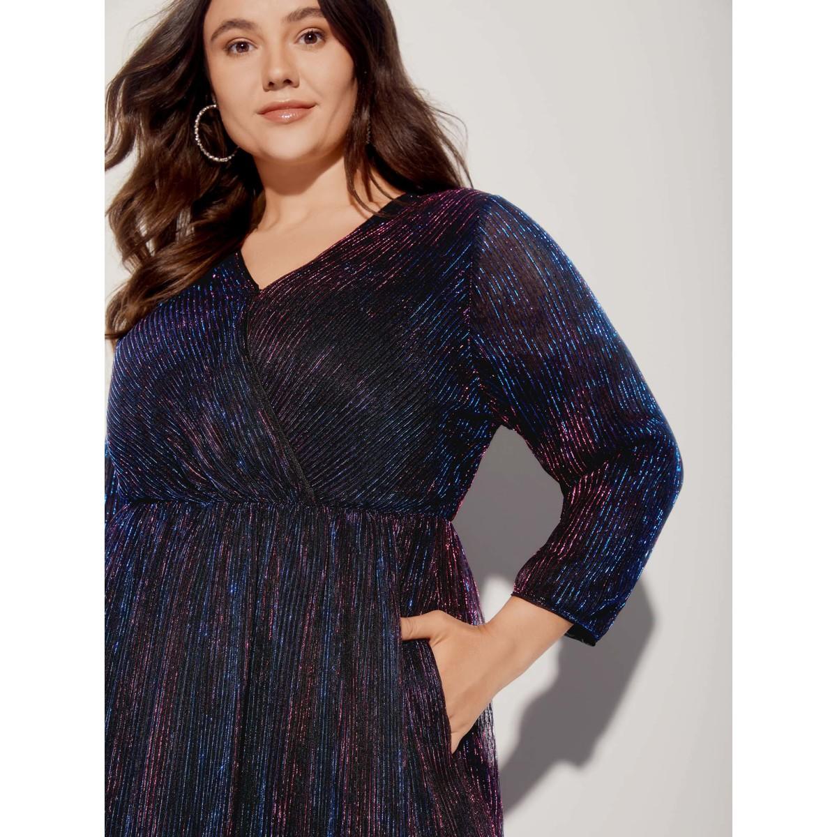 Plus Size Luxe Mesh Pleated Elastic Waist Wrap Dress Blackcurrant Women Party&Cocktail Texture Overlap Collar Elbow-length sleeve Curvy Midi Dress BloomChic 12/L Product Image