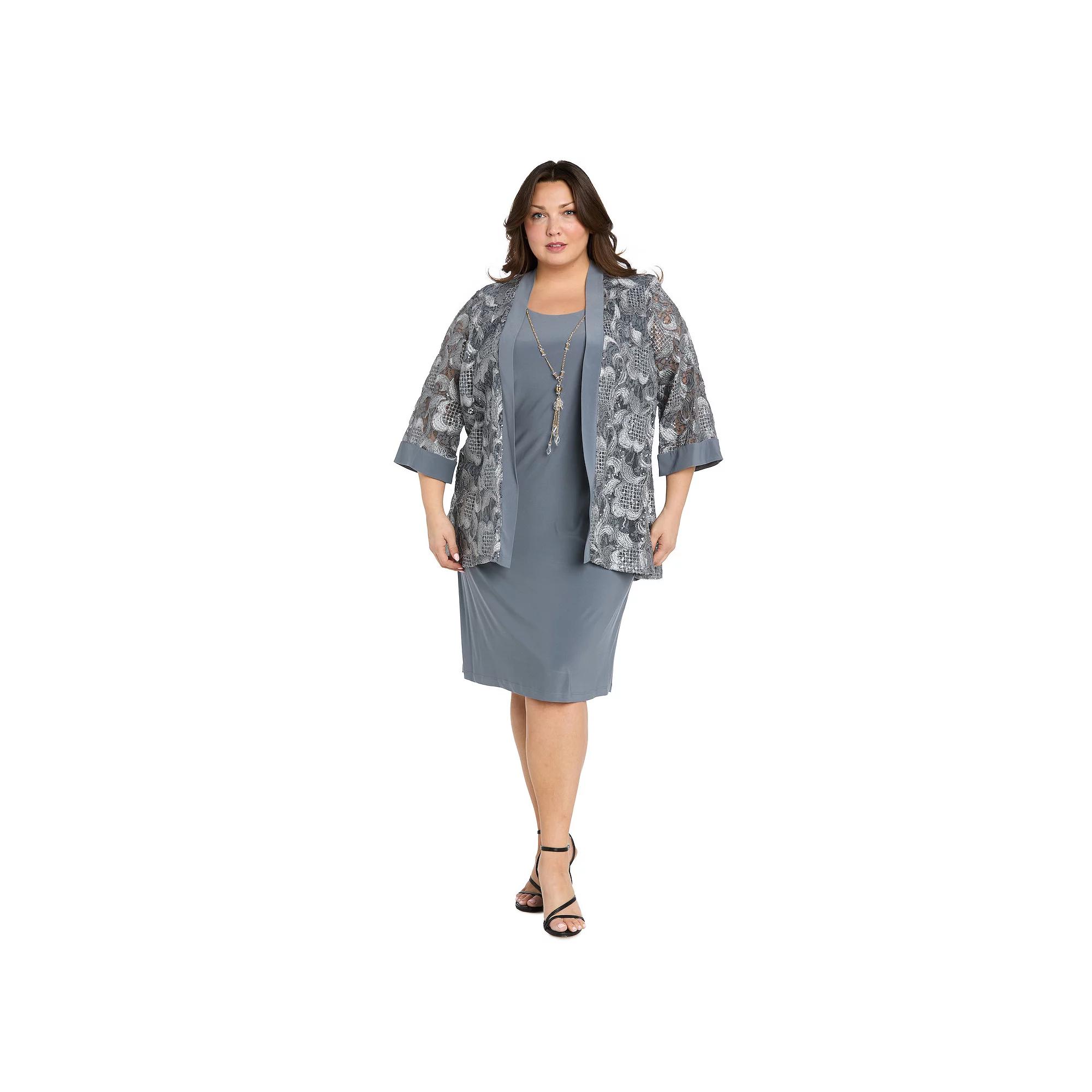 Plus Size R&M Richards 2-pc. Embroidered Sequin Cut Out Jacket & Solid Tank Dress, Women's, Size: 14 W, Grey Product Image