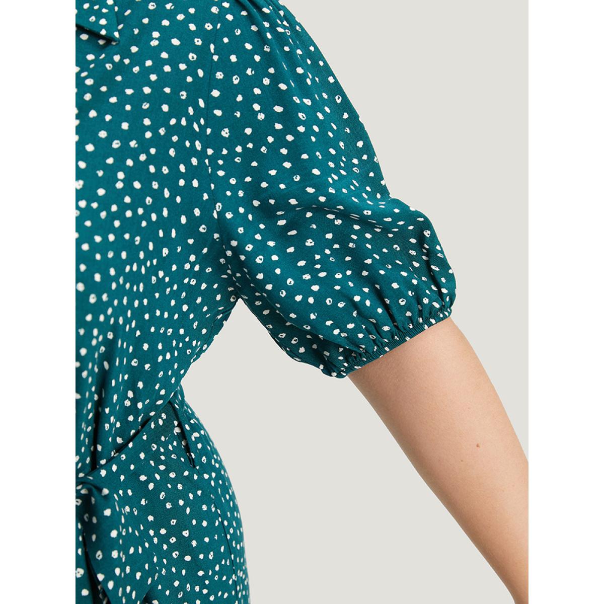 Plus Size Emerald Polka Dot Belted Puff Sleeve Shirt Collar Jumpsuit Women Office Short sleeve Shirt collar Work Loose Jumpsuits BloomChic 26/4X Product Image
