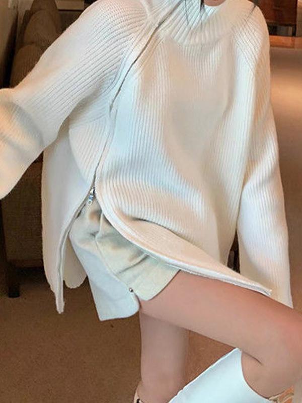 Solid Zip Up High Neck Knit Cardigan Product Image