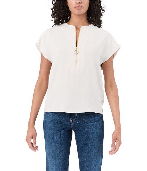 Trina Turk Hasil Georgette Zip Round Neck Short Sleeve Blouse Product Image