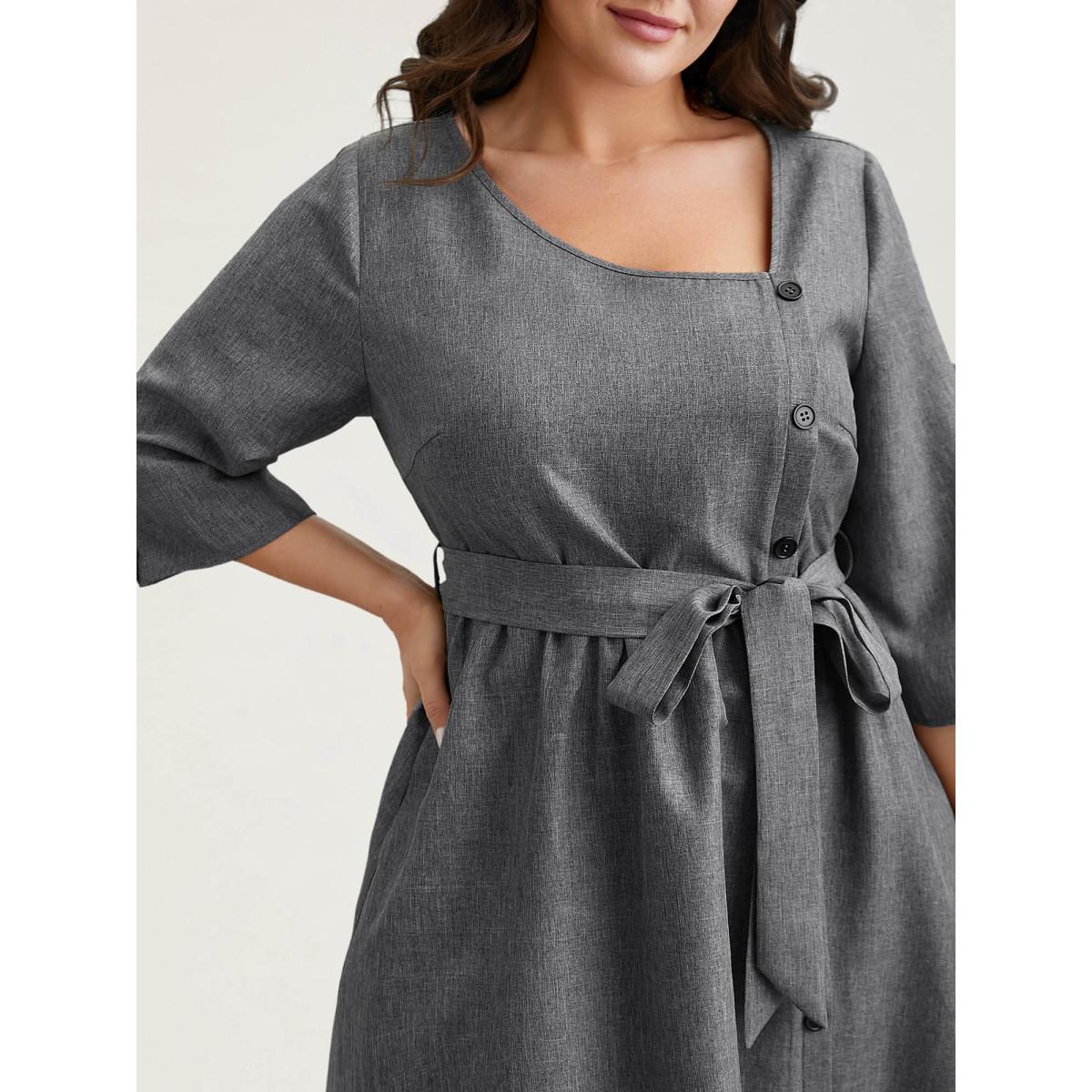 Plus Size Asymmetrical Neckline Belted Pockets Midi Dress DarkGray Women At the Office Belted Asymmetrical Neck Elbow-length sleeve Curvy BloomChic 30/6X Product Image
