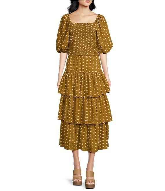 Skies Are Blue Chiffon Print Square Neck Short Puff Sleeve Coordinating Cropped Top Product Image