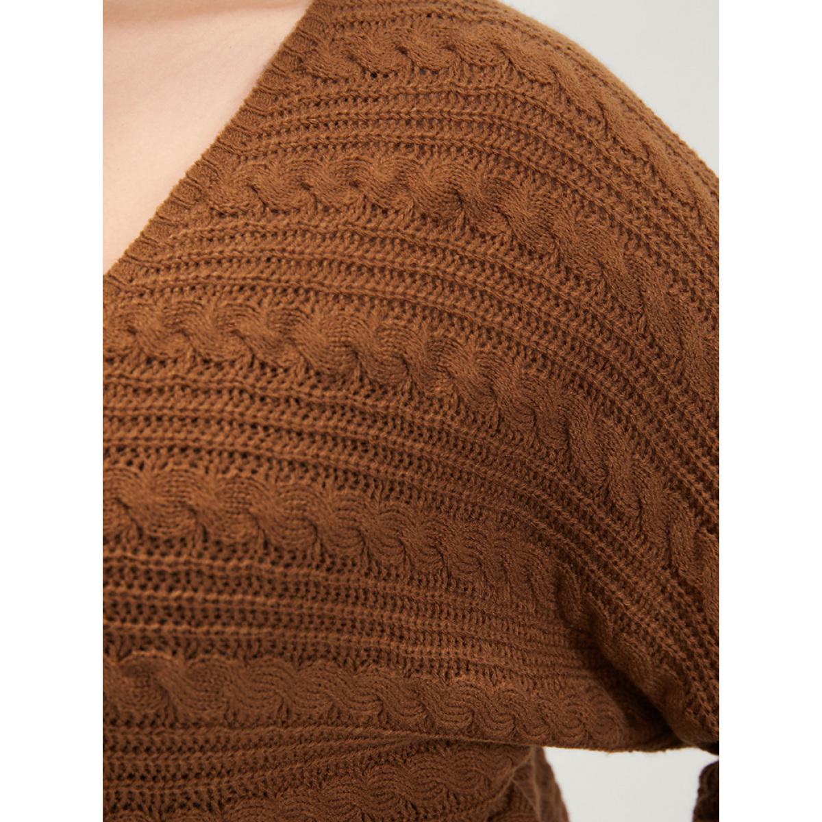 Plus Size Solid Pointelle Knit Dolman Sleeve Surplice Neck Knit Top Bronze Women Casual Loose Long Sleeve V-neck Dailywear Pullovers BloomChic 30/6X Product Image