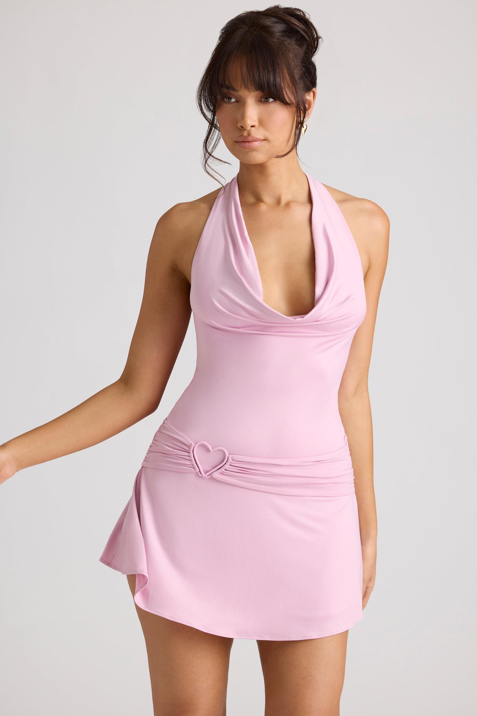 Heart Detail Cowl Neck Mini Dress in Soft Pink Product Image