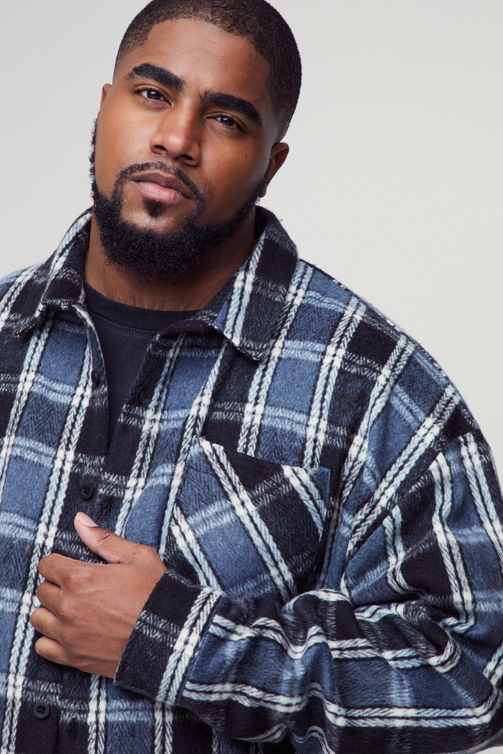 Plus Boxy Split Hem Brushed Flannel Shirt Jacket | boohooMAN USA Product Image