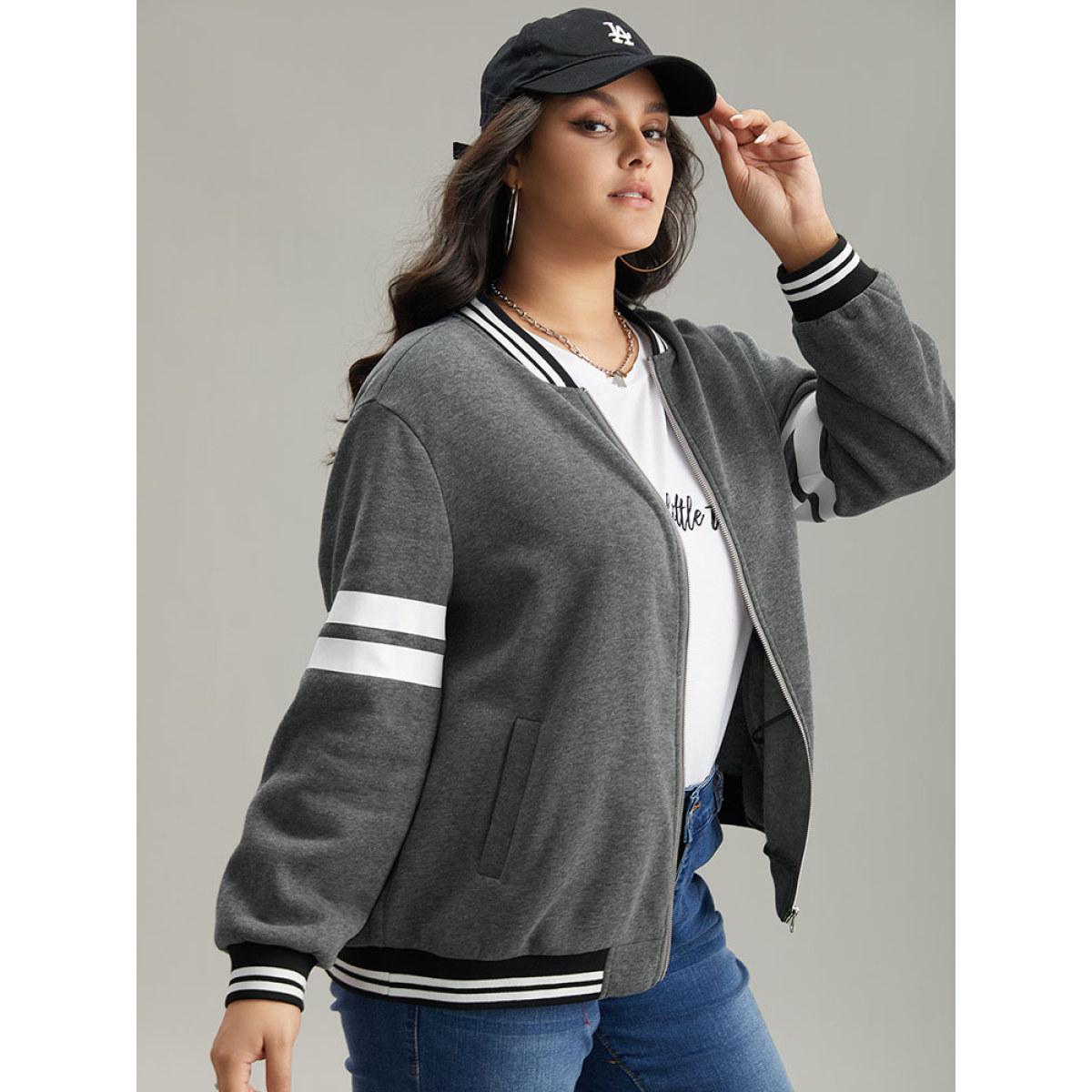 Plus Size Striped Patchwork Contrast Pocket Zipper Bomber Jacket Women DimGray Elastic cuffs Pocket Dailywear Jackets BloomChic 22-24/3X Product Image
