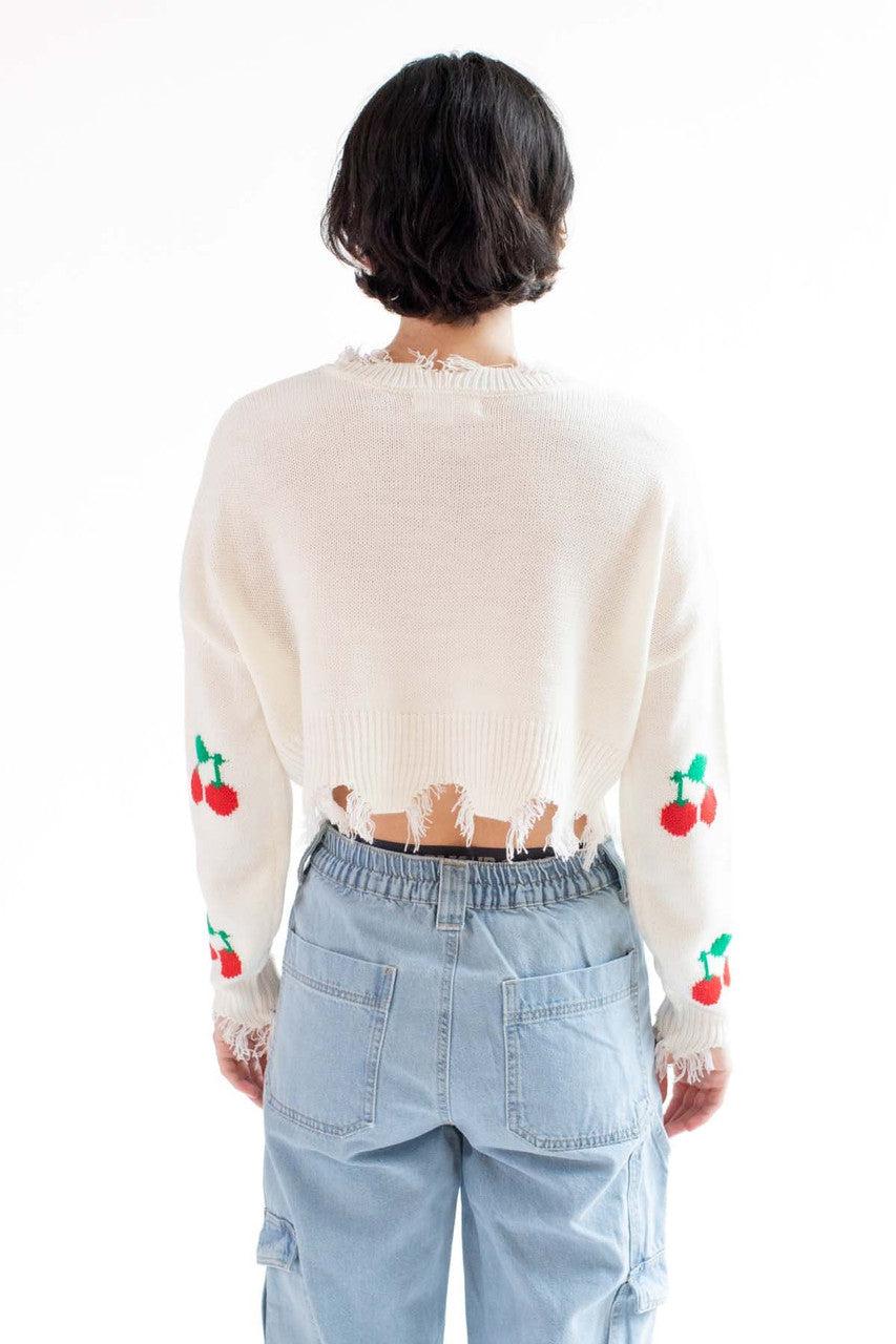 Cropped Cherry Frayed Sweater Product Image